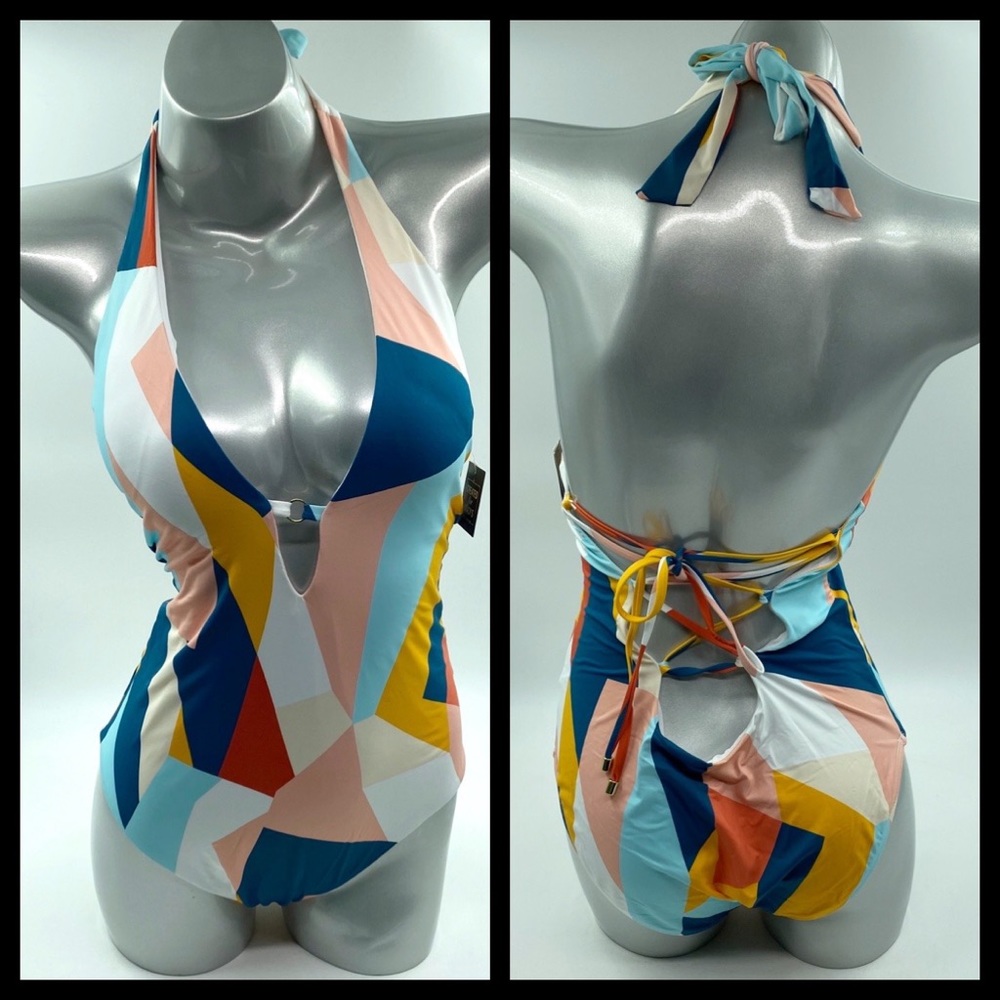 Bar III Swimsuit Pop Art Geometric Pink Blue NEW - Picture 2 of 7